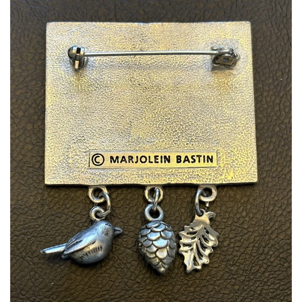 VTG Marjolein Bastin Bunny Brooch Pin Pewter Bird Holly Dangle Charms Spring